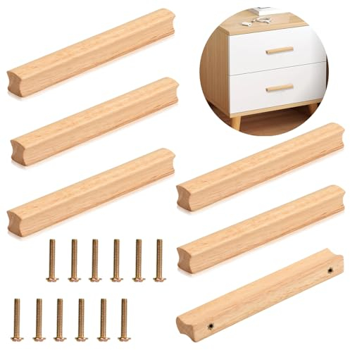 QHKLEW 6 Stück Möbelgriffe Holz, Schrankgriffe Holz mit Schrauben, Lochabstand 128 mm Holz Griffe Möbel Massiv, Universelle Holzgriff Küchengriffe für Schränke, Büros und Küchen