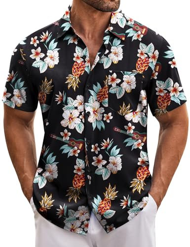 COOFANDY Hawaiian Shirts for Men Adult Flower Short Sleeve Summer Mens Shirt Casual Button Down Floral Printed Men's Beach Tops with Pocket Black L
