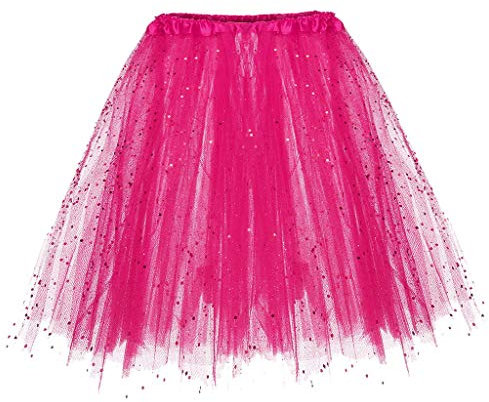 Karneval Damen Pailletten Tüllrock Dehnbaren Tütü Rock Minirock Erwachsene Petticoat Tanzkleid Tutu Rock Adult Teen Ballettrock Tüllrock für Party Ballett Tanzen Halloween (Q1-Hot Pink, One Size)