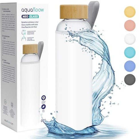 Aquafloow Wasserflasche aus Borosilikat Glas 700 ml mit Neoprenhülle, Transparente trinkflasche Glas mit Bambusdeckel | Ideal für Büro, Outdoor, Schule, für Kohlensäurehaltige Getränke – Weiß