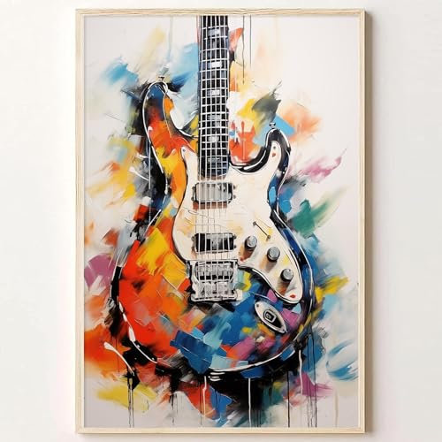 Graffiti-Gitarre, Wandkunst, buntes Aquarellbild, Kunst, Graffiti, Raumdekoration, ästhetische Musik, Wandkunst, Poster, Banksy-Straßen-Graffiti-Leinwand, Wandkunst, Teenager, Jungen, Zimmer, Gemälde,