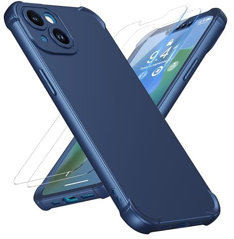 ORETECH for iPhone 13 Case,with [ 2 x Tempered Glass Screen Protector ] [Heavy Duty Protection] 2 in 1 Thin Slim Fit Rubber Bumper iPhone 13 Phone Case Cover - Blue