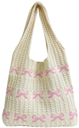 DKIIL NOIYB Gestrickte Umhängetasche Gehäkelte Einkaufstasche Herz Handtasche Hobo Bag Strick Tragetasche Häkeltasche Herz Strandtasche Tote Bag Teenager Mädchen Shopper Tasche (B2-Rosa)