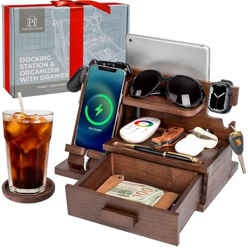 Wood Phone Docking Station with Drawer, Compatible With Apple Watch and MagSafe - Wood Charging Station Organizer Stand, Bedside Nightstand Organizer for Men, Holds Phone, Tablet, Keys, Glasses, EDC