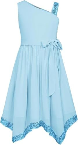 GRACE KARIN Mädchen Pailletten A Linien Kleid Kinder Ärmelloses Eine-Schulter Partykleid Blau 12 Jahre