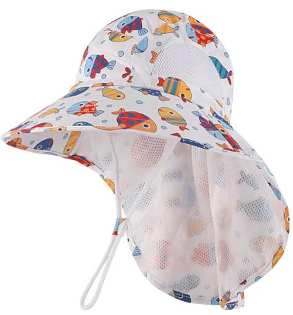 MK MATT KEELY Sonnenhut Kinder UV Schutz 50+ Mädchen Jungen Schirmmütze Sommer mit Breiter Krempe für 3-12 Jahre,Weiß Fisch