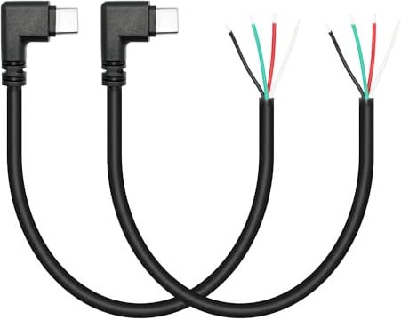Short Right Angle USB C to 4 Pin Bare Wire Open End Wire 11inch, 90 Degree USB Type C Male Plug 4 Pin Pigtail Power and Data Cable 22AWG 5V/3A for USB Type C Device Replacement Repair DIY Cable(2Pcs)