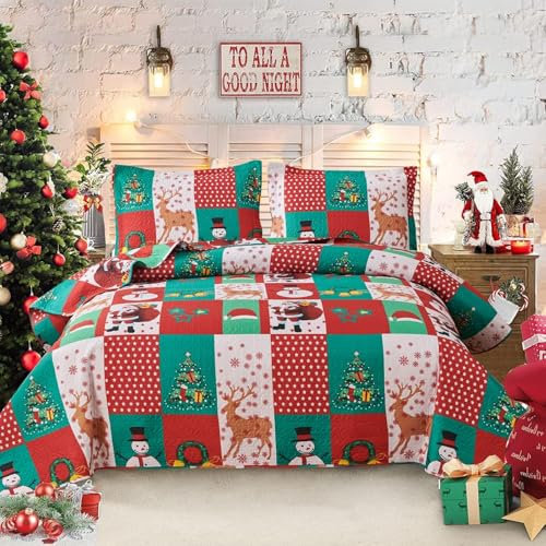 Weihnachts-Steppdecken-Set für Doppelbett/Queen-Size-Bett, Weihnachts-Schneemann, Tagesdecke, rustikales Karo, Patchwork, Hütte, Heimdekoration, Steppdecke, Urlaub, Weihnachts-Bettwäsche, leicht,
