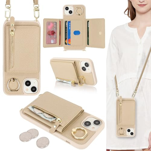 ELTEKER Handyhülle für iPhone 15 Plus Hülle mit Band Kartenfach Ringhalterung Geldbörse,Leder Klapphülle Umhängetasche Handytasche für iPhone 15 Plus - beige