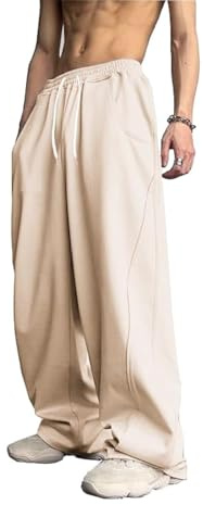 WZIKAI Men's Baggy Sweatpants Elastic Waist Drawstring Wide Leg Sweatpants Casual Loose Baggy Joggers with Pockets Beige M