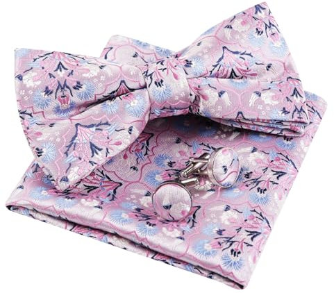 Alizeal Lot de 3 nœuds papillon pré-noués pour homme Motif floral et boutons de manchette, 052-Rose + Bleu clair, taille unique