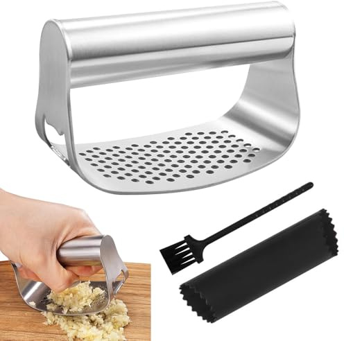 Ktilura Garlic Press Ring Garlic Masher Garlic Cutter Hand Pressed Garlic Masher 304 Stainless Steel Garlic Press Set with Bottle Opener, Peeler, Cleaning Brush, Easy to Use and Clean Kitchen Tools