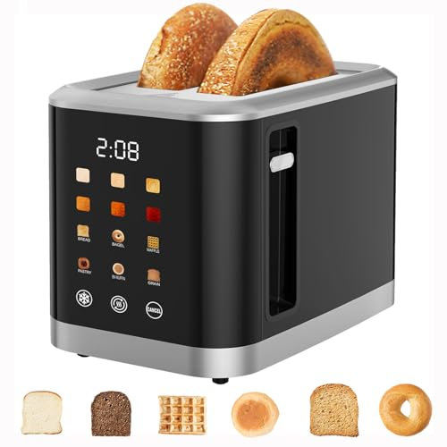 Tostadora digital de pantalla táctil con temporizador de 2 rebanadas con 6 tipos de pan y 6 ajustes de sombra, ranuras extra anchas, tostadora inteligente con función de cancelación