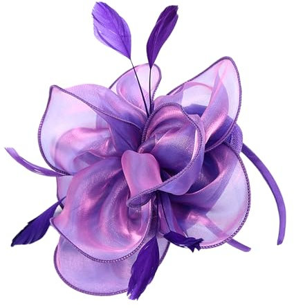 CCAIPU Flower Feather Fascinators Hat for Women, Elegant Flower Feathers Mesh Hats Hair Accessories Wedding Hats (Purple, One Size)