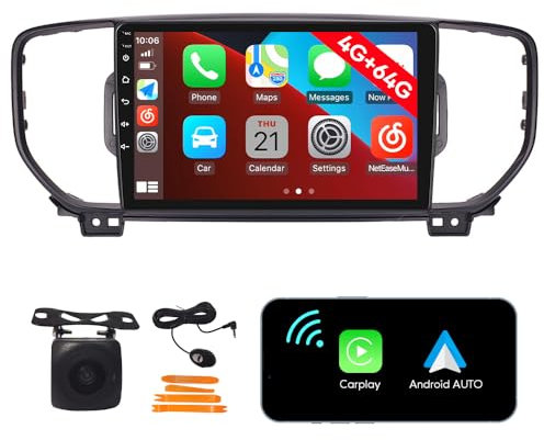[4G 64G] Android Car Stereo FM Radio Carplay Android Auto 9 Touchscreen Headunit Media Player with Backup Kamera Für Kia KX5 Sportage R 2016 2017 2018 Black