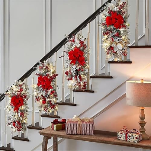 Adornos artificiales de lágrima de Navidad, decoración de escalera con luces LED, guirnaldas de Navidad de gran tamaño, para puerta delantera, pared, ventana, decoración de escalera (rojo, 17.7 x 7.8