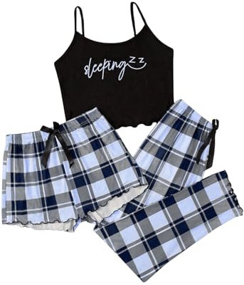 GORGLITTER Damen Schlafanzug 3er Set Cami Schlafanzug Plaid Pajamas Set Nachtwäsche Schlafhose Kariert Schlafanzüge Hausanzug Buchstaben-Blau XS