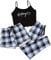GORGLITTER Damen Schlafanzug 3er Set Cami Schlafanzug Plaid Pajamas Set Nachtwäsche Schlafhose Kariert Schlafanzüge Hausanzug Buchstaben-Blau XS
