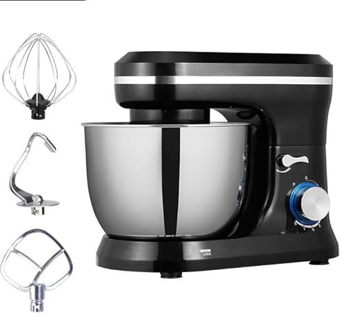 Batteur sur Socle électrique, mélangeurs pour la Cuisson Mélangeur électrique de Cuisine 3 en 1, 1 200 W, 6 Vitesses, avec Bouton d'impulsion, Bol en Acier Inoxydable de 5 L, Crochet pétrisseur