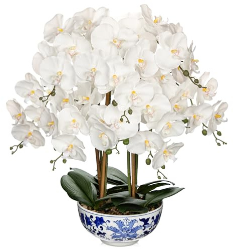 Oairse 24.8 Large Orchid Fake Flower in Blue and White Porcelain Bowl | White Orchid Silk Floral Arrangement Faux Phalaenopsis Flower for Home Office Room Kitchen Table Centerpiece Decor