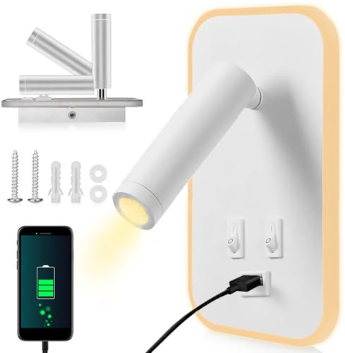 UrbanHomes Applique murale LED d'intérieur - 3 W + 9 W - 3000 K - Avec interrupteur - Chargement USB - Éclairage intérieur orientable - Veilleuse pour chambre à coucher, salon, bureau - Blanc