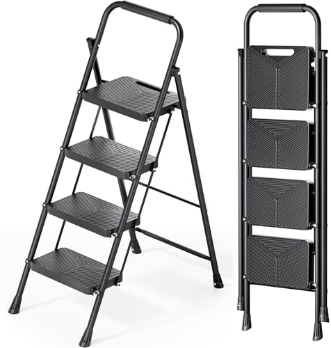 KINGRACK Trittleiter 4 Stufen Klappbar mit Sicherheitsschloss, Anti-Rutsch-Stabilem Klappleiter Tritthocker 150kg Belastbar, Leiter mit Handläufen für Zuhause, Büro, Garten, Küche, Schwarz