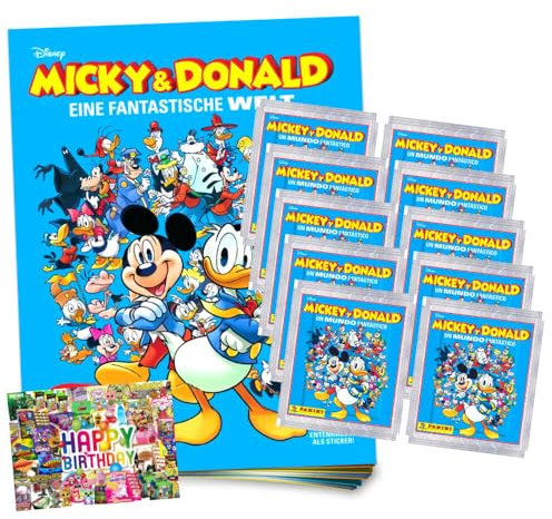 Bundle mit Panini Mickey & Donald Sticker - Fantastische Welt Sammelsticker (2025) - 1 Album + 10 Tüten + Exklusive Geburtstagskarte