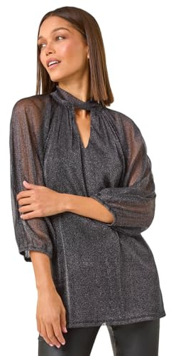 Roman Originals Twist Neck Glitter Mesh Top for Women UK - Ladies Everyday Autumn Winter Comfy Soft Evening Vacation Work Party Night Out - Black - Size 10