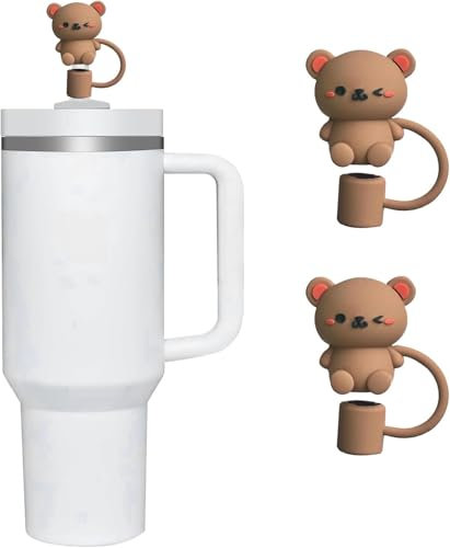 2Pcs Teddy Bear Straw Cover for Stanley 40&30 Oz Cup, 10mm Silicone Straw Covers Cap for Stanley Cup Accessories, Cute Straw Topper, Straw Cap Stopper for Reusable Straws Tip Lids Straws