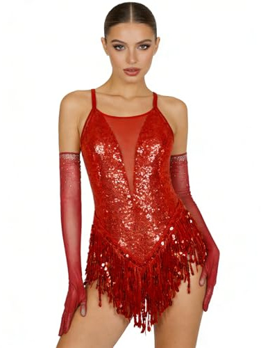 inlzdz Damen Glitzer Tanzkostüm Funkelnder Tanzanzug Trikot Body Quasten Tanzkleid mit Lang Handschuhe Wettbewerb Performance Kostüm