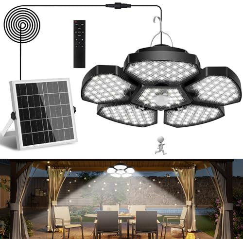 NATPOW Lampe Solaire Interieur avec Détecteur de Mouvement, 6000K Lampe Solaire avec Télécommande, 5M Câble, Suspension Exterieur Pliable, IP65 Étanche pour Terrasse, Garage, Jardin