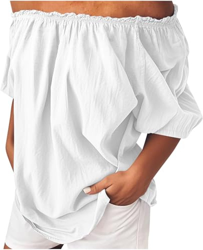 NSICBMNO Off The Shoulder Tops for Women Short Sleeve Blouses Plus Size Cotton Linen Casual Oversized Tunic Top Baggy T Shirts Ruched Summer Tops Loose Blouses for Going Out Y2K Holiday Beach
