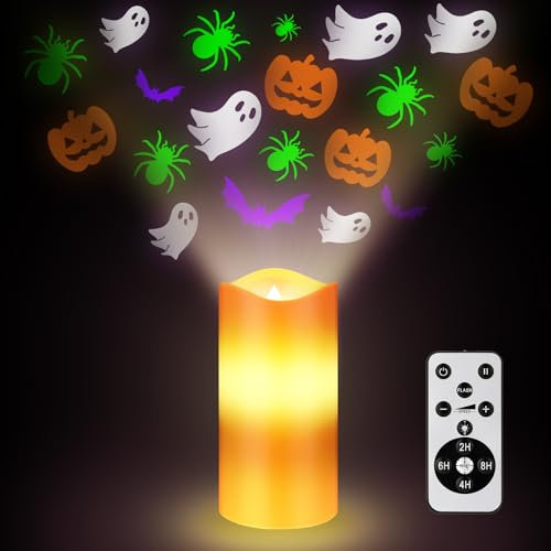 Baquler Flameless Candles Decorations Candles Projector Lights Colorful LED Candle Battery Operated Night Light with Remote and Timer Indoor Bedroom Decor(Halloween)