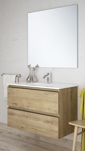 Aquore | Conjunto de Baño Suspendido con 2 Cajones Modelo Dundee | Mueble de Baño Suspendido Fondo 45 cm | Incluye Lavabo Cerámica Blanco (Roble Ostippo, 80 x 45 x 59 cm)