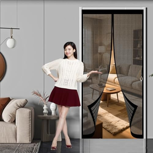 Magnet Fliegengitter Tür 98 x 198 cm Anpassbar, Lichtdurchlässig, Einfache Montage, Selbstschließend, Fliegen Gitter Tür für Fenster, Zimmertür, Veranda, Schwarz