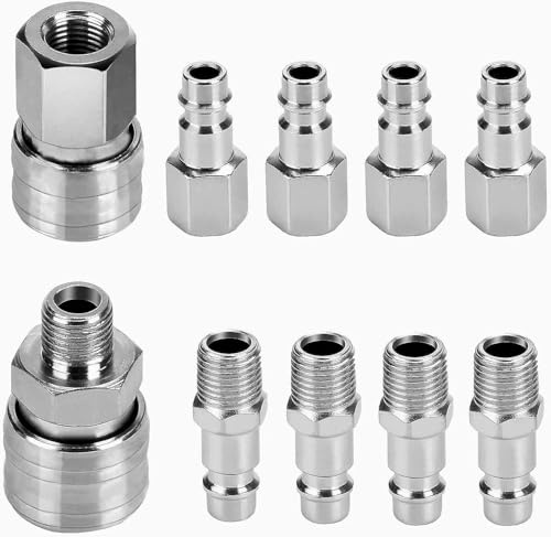 Anhoer 10Pcs Air Line Fittings Euro 1/4 Inch BSP, Quick Release Air Coupler and Plug Kit Male Female, Nickel-Plated Compressor Hose Connector Set for Pneumatic Tools Spray Gun Tyre Inflator Blow Gun