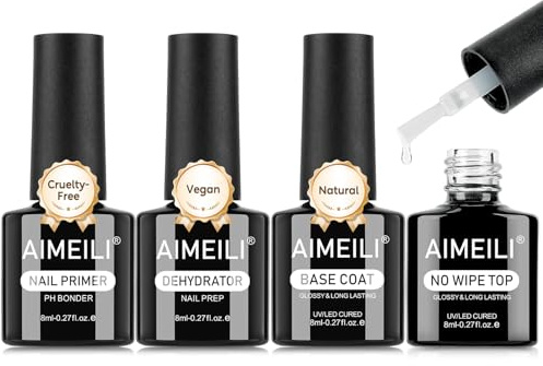 AIMEILI Nail Primer Dehydrator Base and Top Coat 4x8ml Primer, Dehydrator, Top Coat und Base Coat Gel Nägel Unterlack und Überlack für Nägel UV LED Soak Off Set Nail Art