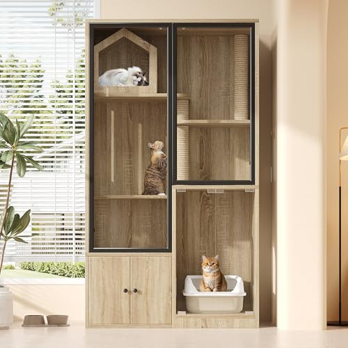 Grande casetta per gatti in vetro a 4 piani – villa per gatti in legno con tiragraffi, resistente alle intemperie e all'inverno, per interni ed esterni, in legno d'acero giallo, 90 x 50 x 160 cm