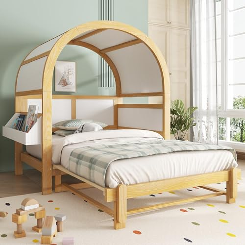 Merax Kinderbett 140x200 cm mit Ausziehbett, Gewölbtes Dachbett Hausbett, Tagesbett mit Ablagefläche, Erweiterbares Schiebebett aus Kiefer+MDF, Weiß/Natur, Stabiler Lattenrost, Ohne Matratze