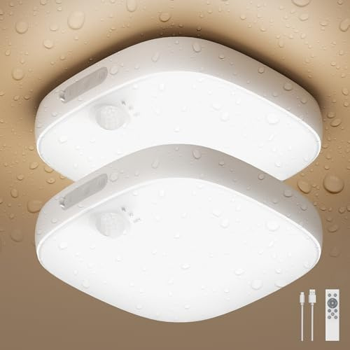 FULEN Wiederaufladbare Deckenleuchte mit Bewegungsmelder, IP65 wasserdichte Duschleuchte mit RGB Farben, kabellose LED Leuchte geeignet für Badezimmer, Keller, Garage und Kleiderschrank, 2er Pack
