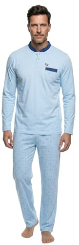 Henry Terre Herren Pyjama Bruno Langarm Schlafanzug Größe M-3XL Unifarben mit abgesetzter Brusttasche und passender Hose Oberteil mit Stehkragen