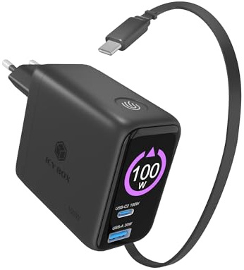 ICY Box Club Charger 100W USB-C GaN Schnellladegerät mit Display, 2× USB-C + USB-A Multi-Port Fast Charger, integriertes einziehbares 70 cm USB-C Kabel, Power Delivery Netzteil, IB-PS1002