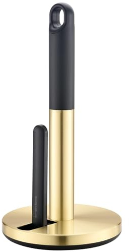 1.5KG Weighted ONE HAND TEAR Kitchen Roll Holder Stand (Brushed Gold) | tension arm, tear one/more sheets at one time | 1.5kg electroplating weighted base | anti-slip silicone | finger loop handle