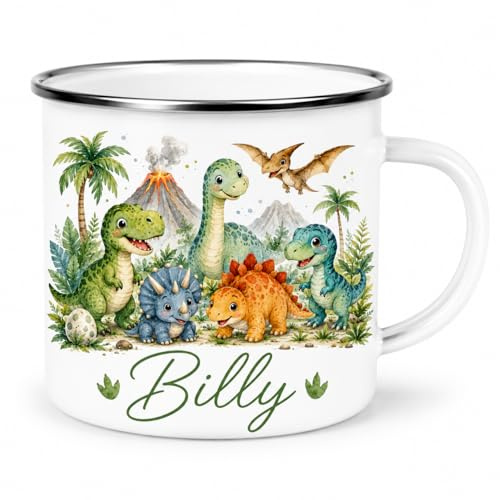 Personalised Children’s Enamel Mug – Toddler’s First Mug – Custom Kids Camping Mug – Cute Animal, Rainbow, Fairy & Princess Designs – Personalised Gift for Boys & Girls (Dino Enamel Mug)