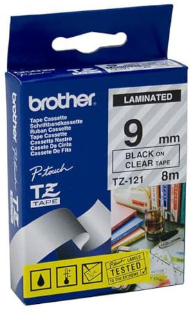 Brother Original P-touch Schriftband TZe-121 9 mm, schwarz auf transparent (kompatibel u.a. mit Brother P-touch PT-H100LB/R, -H105, -E100/VP, -D200/BW/VP, -D210/VP)