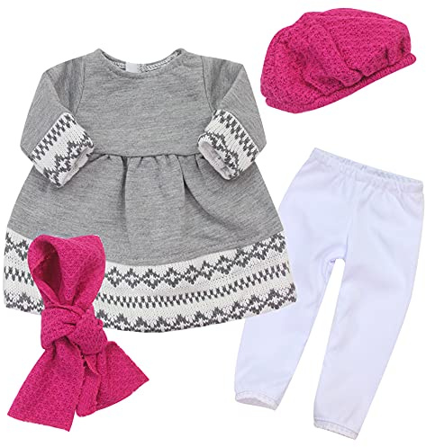 Teamson Kids Sophia's Baby Doll 4 Piece Clothes Set, Grey Fair Isle Style Doll Sweater Dress, Leggings, Scarf and Pink Hat for 18 Inch Dolls, Doll Sold Separately