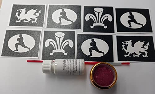 Galles Rugby - Set di tatuaggi glitterati con 30 stencil + glitter + colla 6 Nazioni Galles Internationals