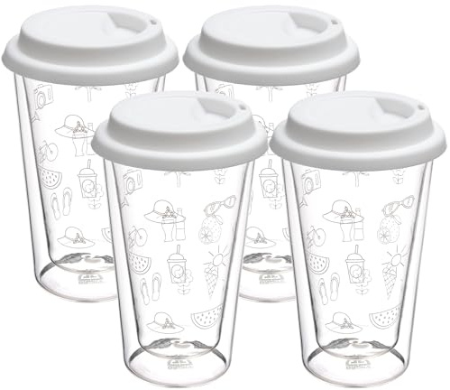 GRÄWE 4er Set Thermogläser, Thermobecher, Trinkglas aus Borosilikat, Doppelwandiger Becher, 300 ml, spülmaschinengeeignet, für Heiß und Kalt, mit To-Go-Deckel, weiß