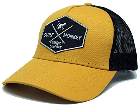 DRESSED IN MUSIC PLAY WITH ME Trucker Kappe - Halbrunder Schirm - Snapback-Verschluss - 5-Panel Design - Herren/Damen Einheitsgröße - Surf Monkey® - (Senf schwarz)