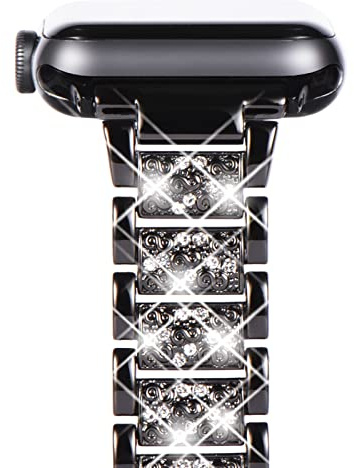 NewWays Kompatibel mit Apple Watch Metall Armband 46mm 45mm 44mm 42mm(Serie 11/10),Damen Bling Diamant Glitzer Edelstahl Ersatzarmbänder für iWatch SE Series 11/10/9/8/7/6/5/4/3/2/1,Schwarz